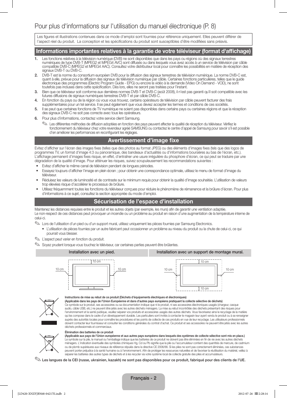 Avertissement d’image fixe, Sécurisation de l’espace d’installation | Samsung PS51E530A3W User Manual | Page 14 / 49