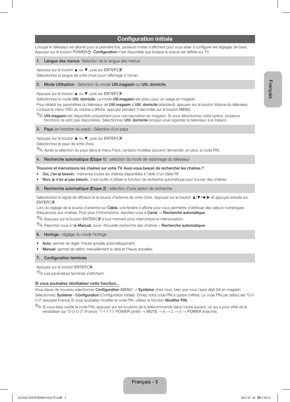 Configuration initiale | Samsung PS51E530A3W User Manual | Page 17 / 49