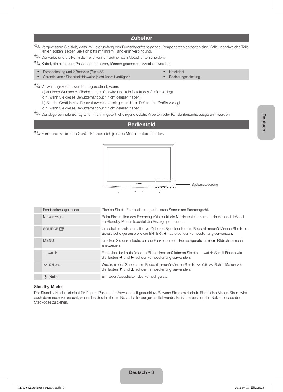 Zubehör, Bedienfeld | Samsung PS51E530A3W User Manual | Page 27 / 49