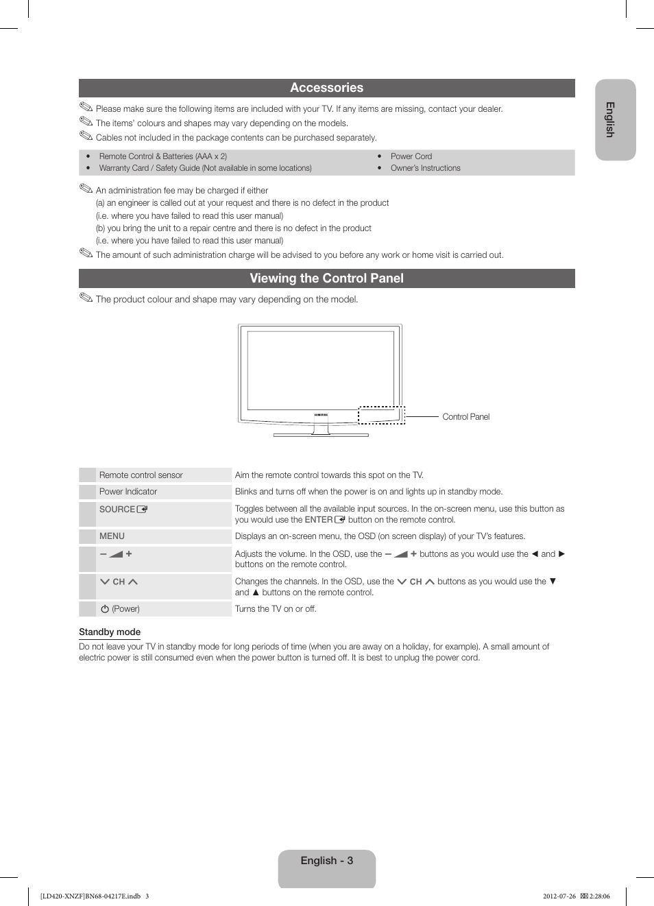 Accessories, Viewing the control panel | Samsung PS51E530A3W User Manual | Page 3 / 49