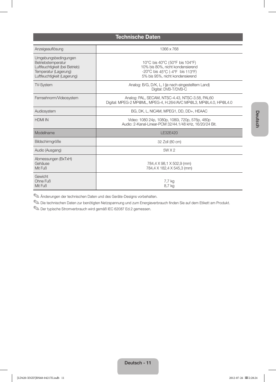 Technische daten | Samsung PS51E530A3W User Manual | Page 35 / 49