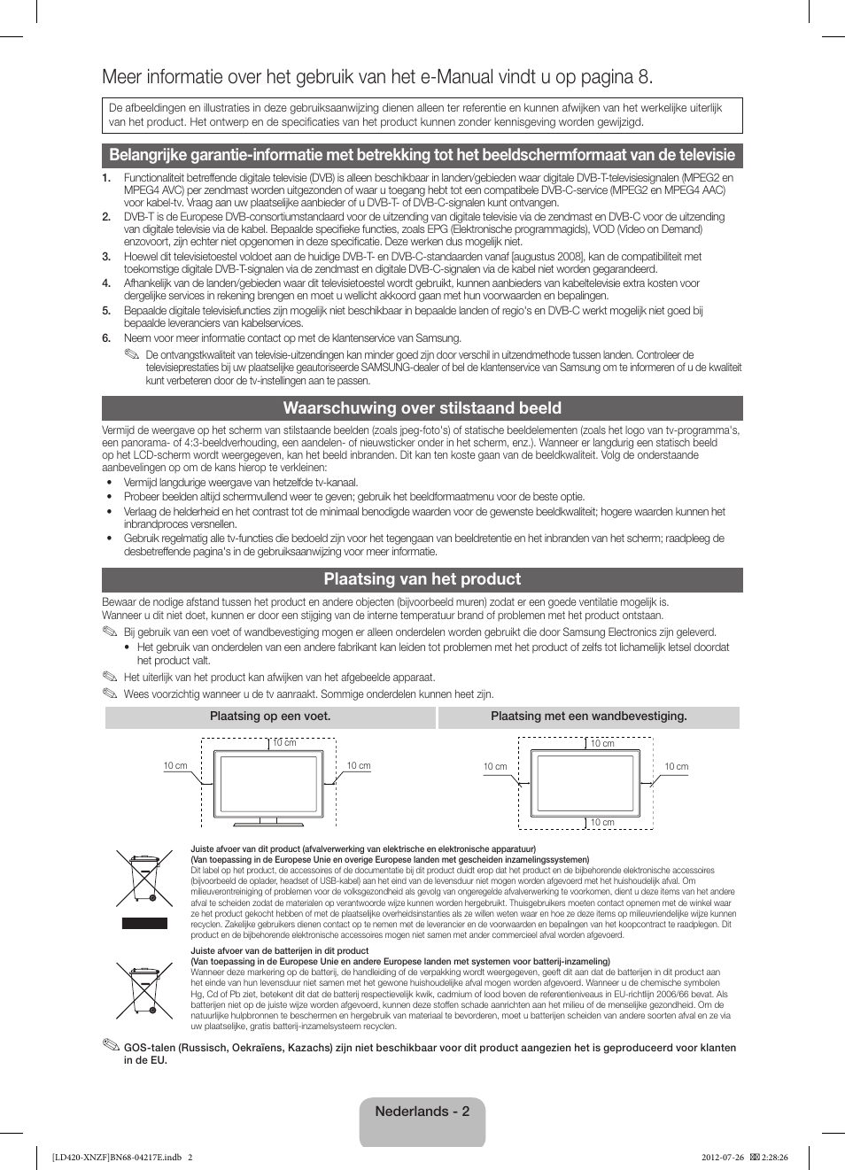 Waarschuwing over stilstaand beeld, Plaatsing van het product | Samsung PS51E530A3W User Manual | Page 38 / 49