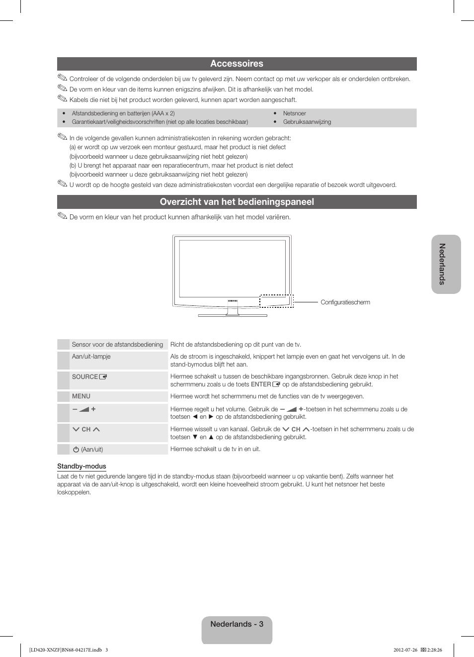 Accessoires, Overzicht van het bedieningspaneel | Samsung PS51E530A3W User Manual | Page 39 / 49