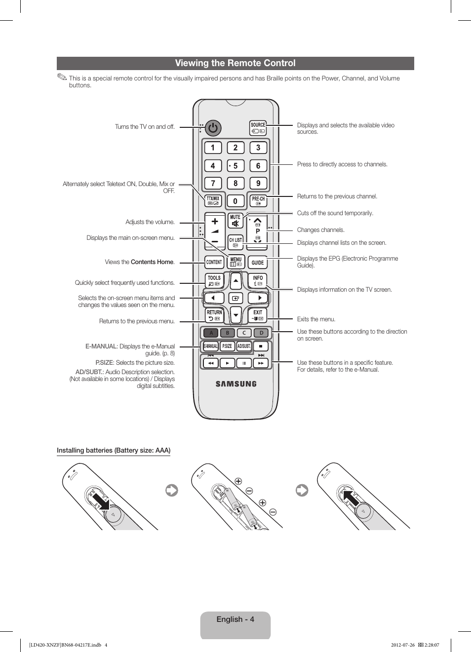 Viewing the remote control | Samsung PS51E530A3W User Manual | Page 4 / 49