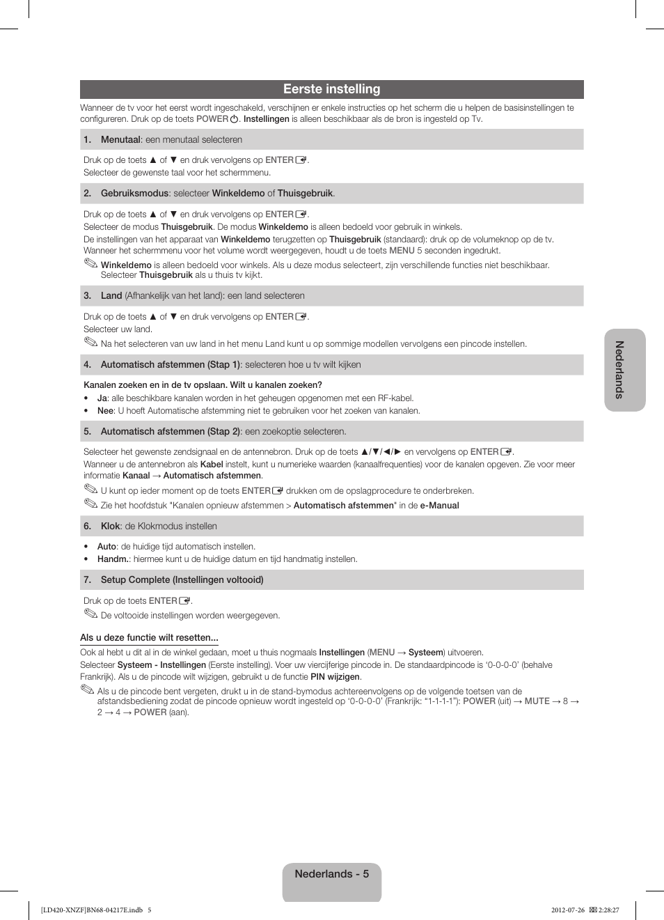 Eerste instelling | Samsung PS51E530A3W User Manual | Page 41 / 49