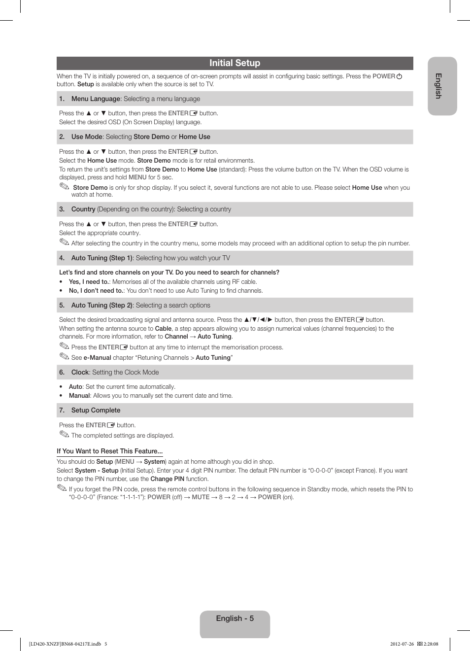 Initial setup | Samsung PS51E530A3W User Manual | Page 5 / 49