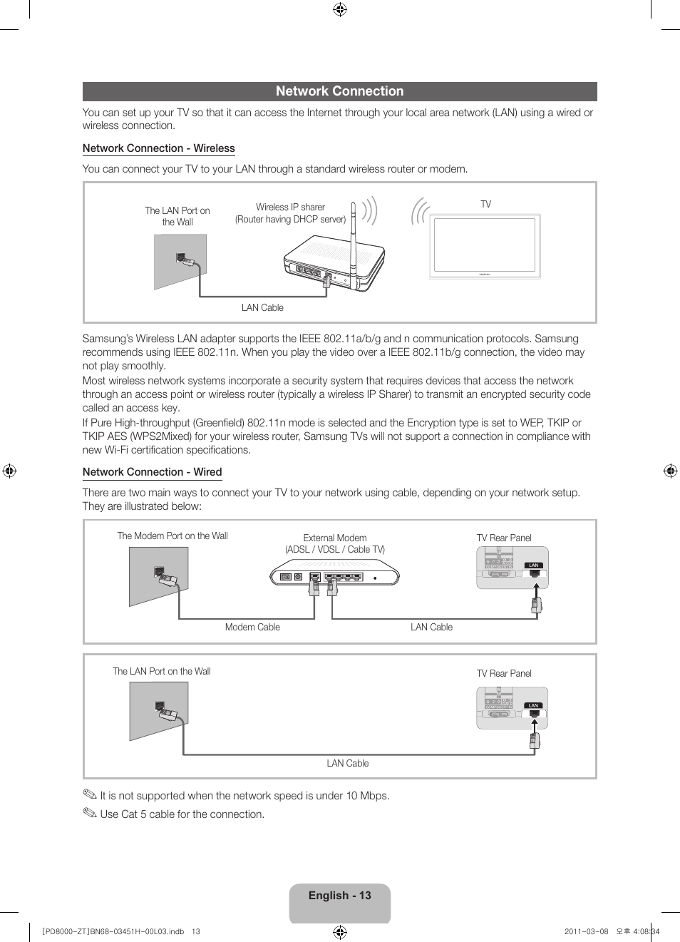 Network connection | Samsung PS64D8000FQ User Manual | Page 13 / 60