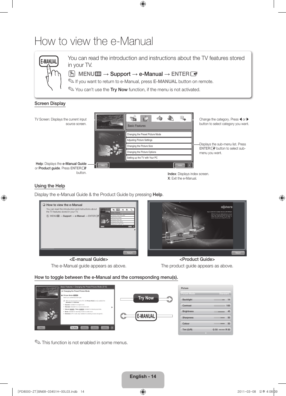 How to view the e-manual, Menu m → support → e-manual → enter e, E-manual | English - 14, This function is not enabled in some menus, Try now | Samsung PS64D8000FQ User Manual | Page 14 / 60