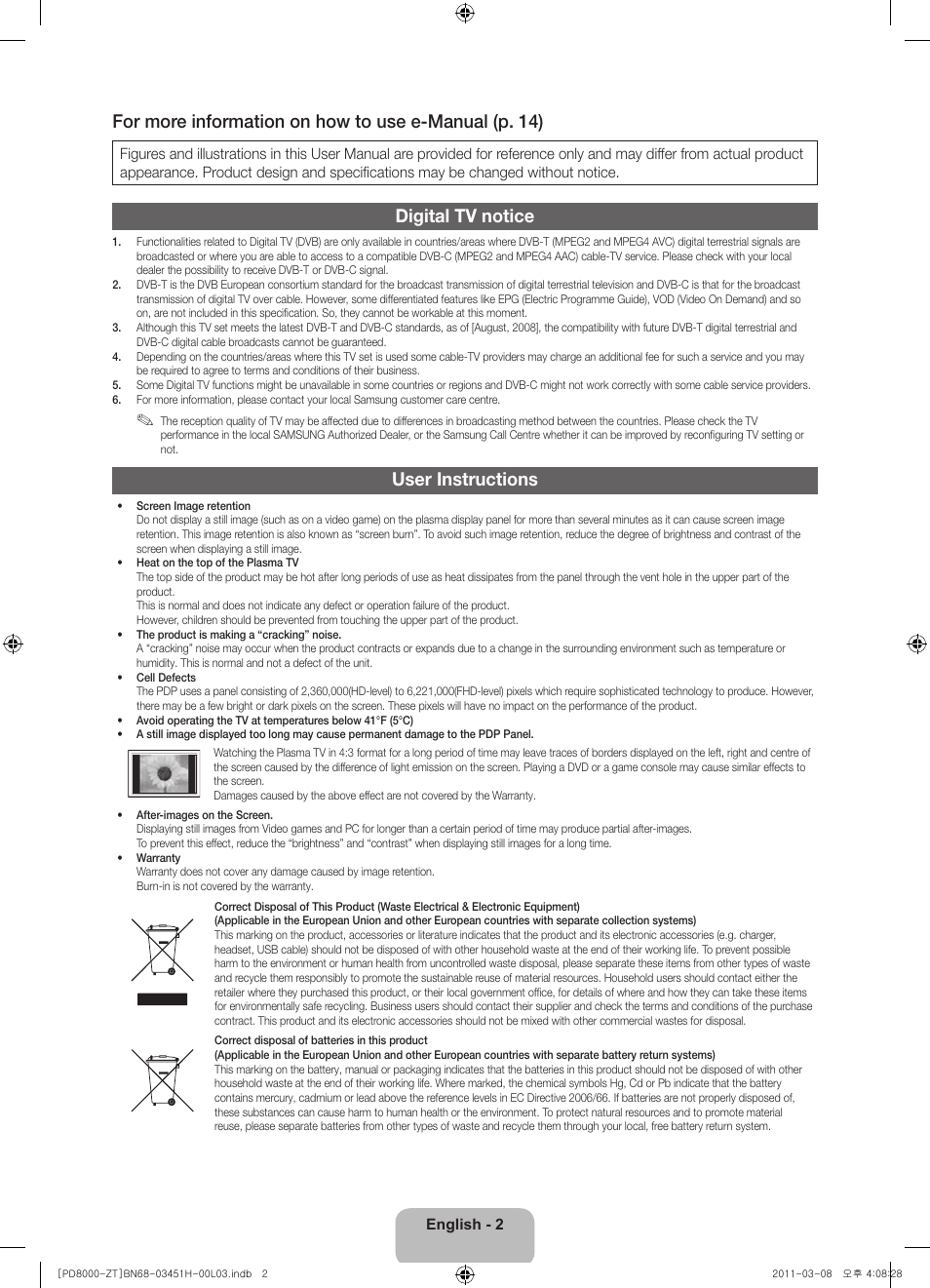 Digital tv notice, User instructions | Samsung PS64D8000FQ User Manual | Page 2 / 60