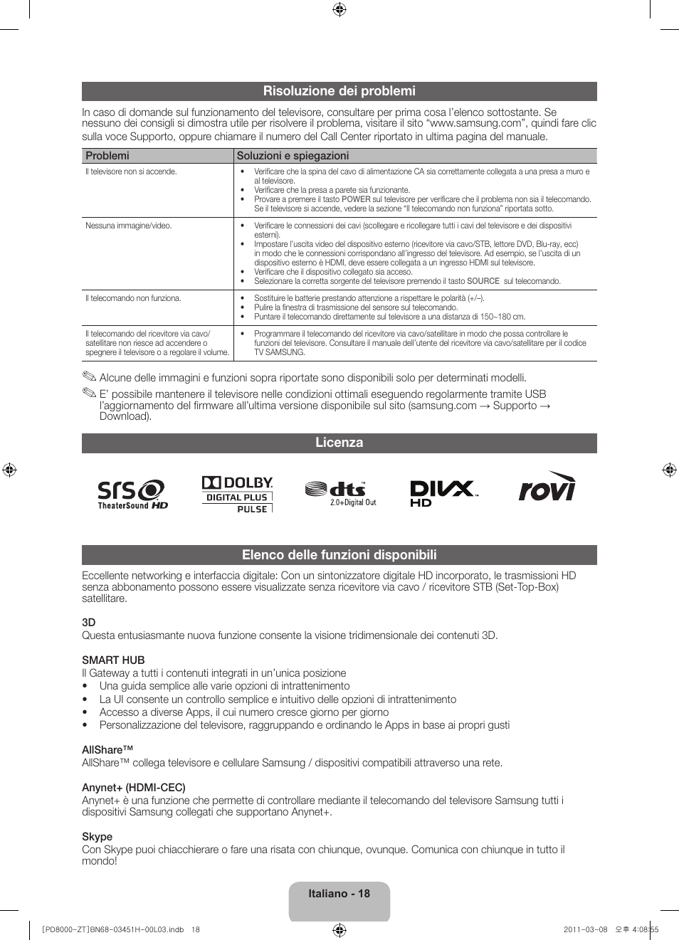 Risoluzione dei problemi, Licenza elenco delle funzioni disponibili | Samsung PS64D8000FQ User Manual | Page 38 / 60