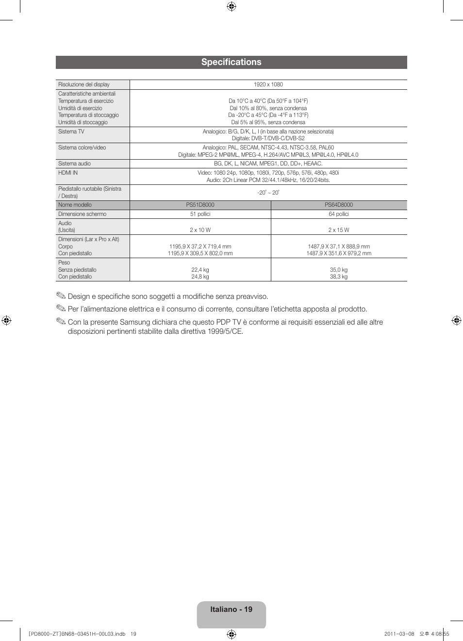 Specifications | Samsung PS64D8000FQ User Manual | Page 39 / 60