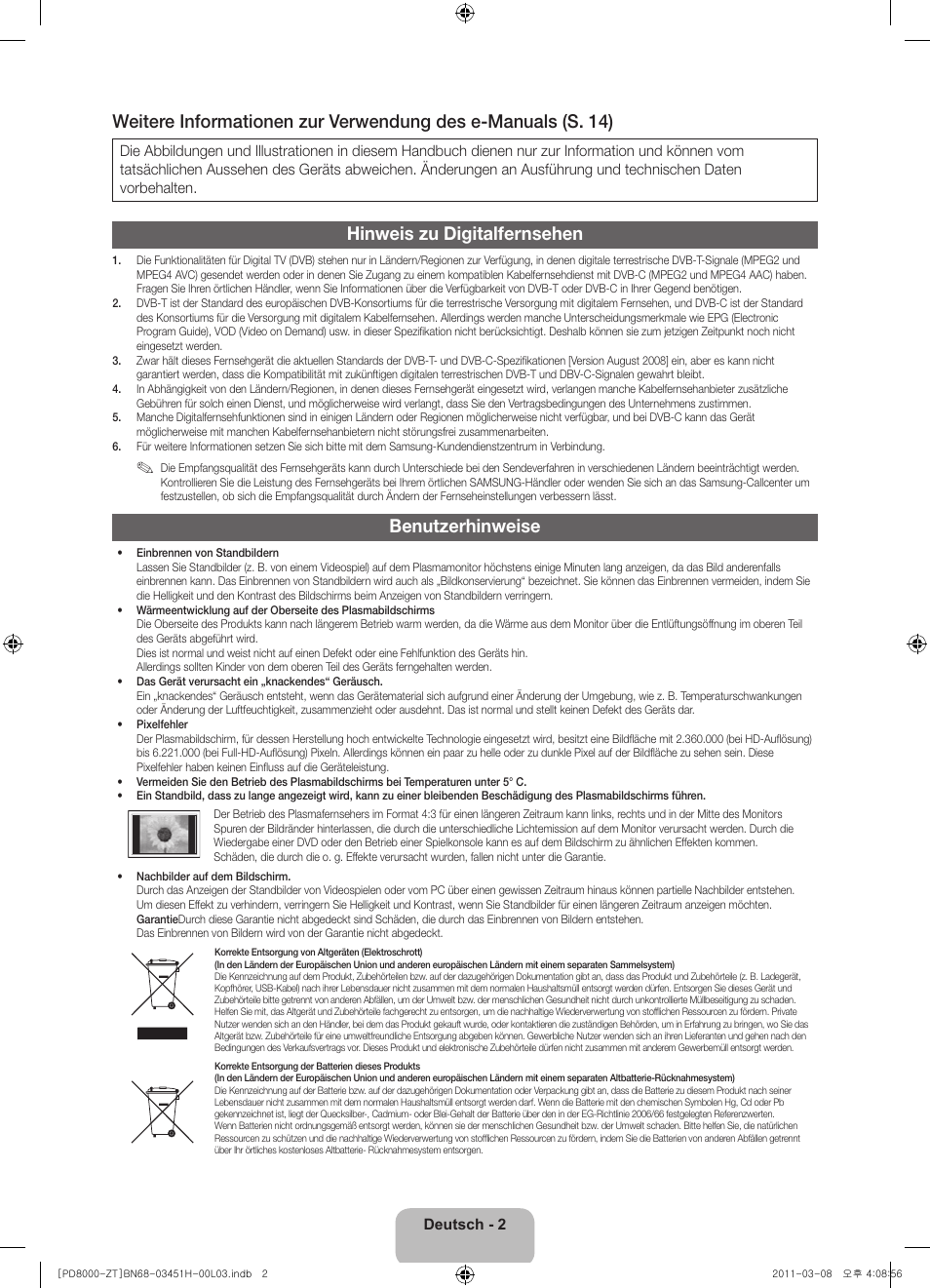 Hinweis zu digitalfernsehen, Benutzerhinweise | Samsung PS64D8000FQ User Manual | Page 42 / 60