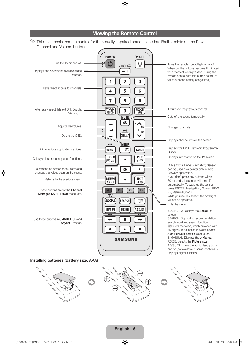 Viewing the remote control | Samsung PS64D8000FQ User Manual | Page 5 / 60