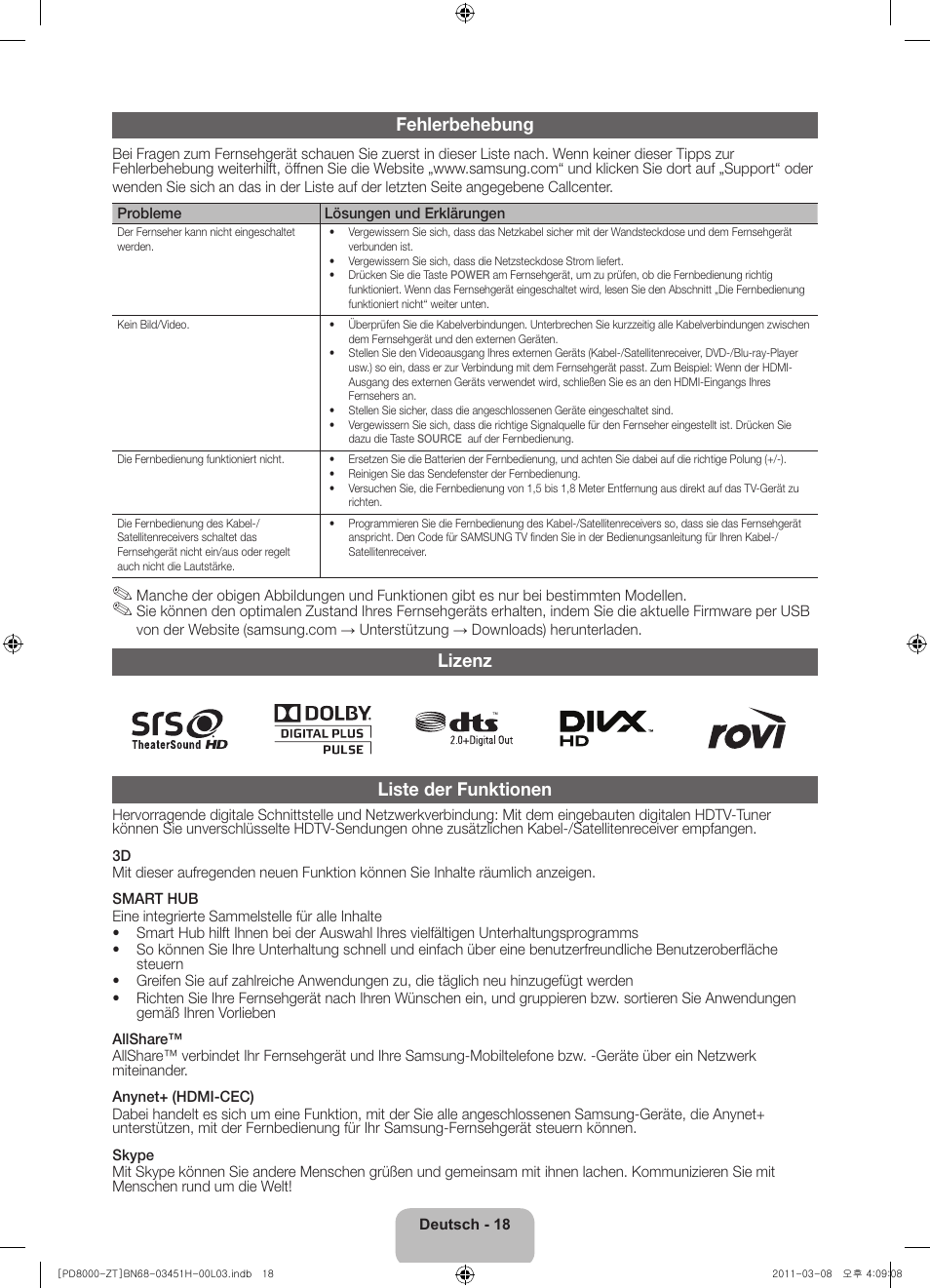 Fehlerbehebung, Lizenz liste der funktionen | Samsung PS64D8000FQ User Manual | Page 58 / 60