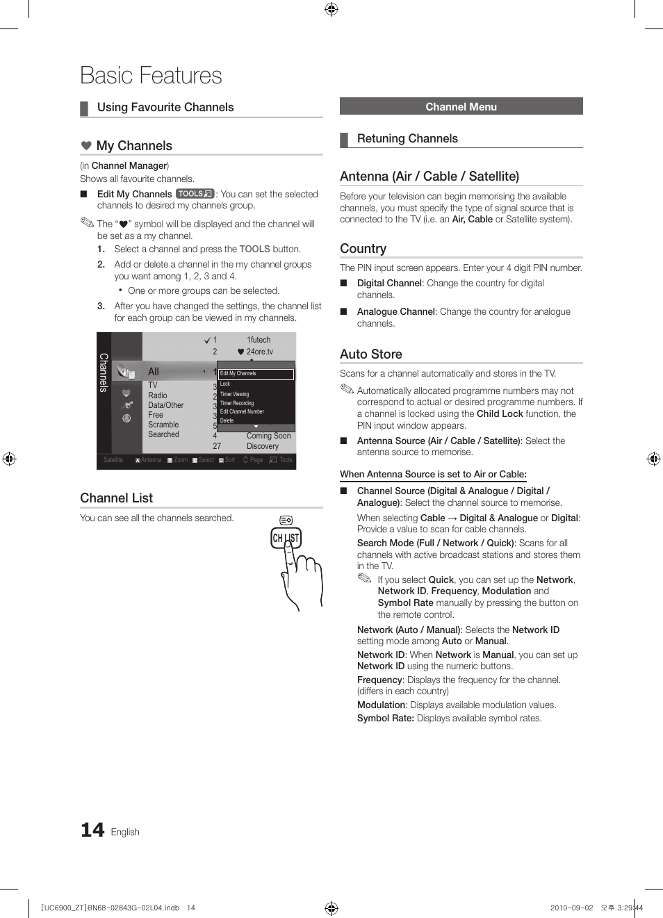 Basic features, My channels, Channel list | Antenna (air / cable / satellite), Country, Auto store | Samsung UE46C6900VQ User Manual | Page 14 / 186