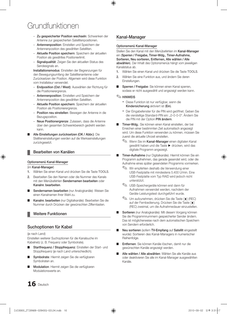 Grundfunktionen, Suchoptionen für kabel, Kanal-manager | Samsung UE46C6900VQ User Manual | Page 140 / 186