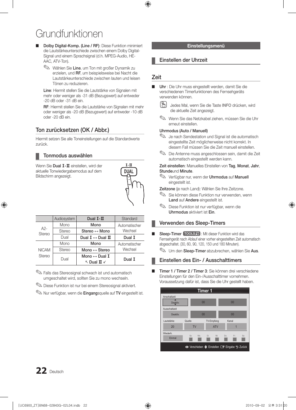 Grundfunktionen, Ton zurücksetzen (ok / abbr.), Zeit | Samsung UE46C6900VQ User Manual | Page 146 / 186