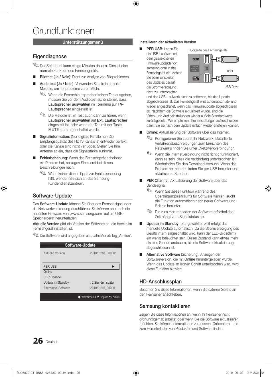 Grundfunktionen, Eigendiagnose, Software-update | Hd-anschlussplan, Samsung kontaktieren | Samsung UE46C6900VQ User Manual | Page 150 / 186