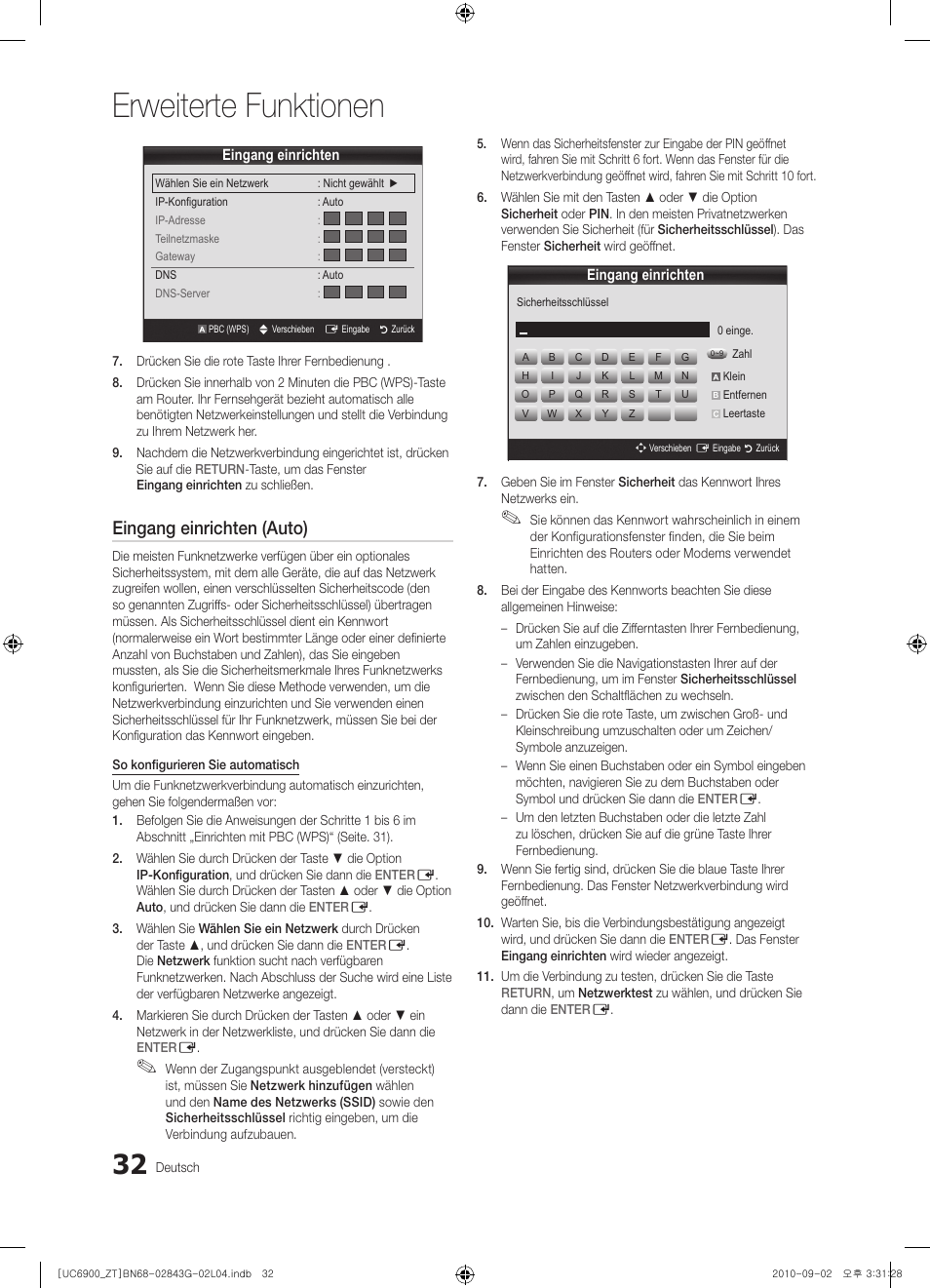 Erweiterte funktionen, Eingang einrichten (auto) | Samsung UE46C6900VQ User Manual | Page 156 / 186