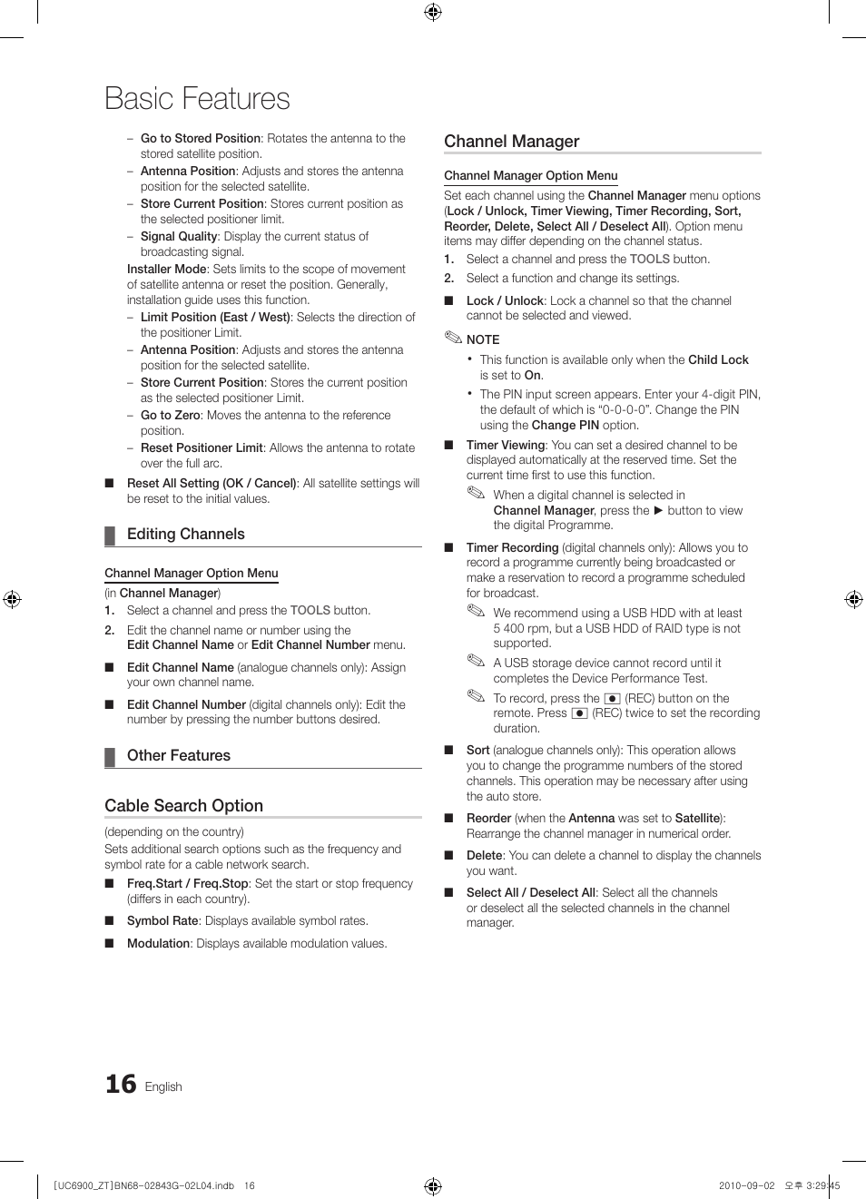 Basic features, Cable search option, Channel manager | Samsung UE46C6900VQ User Manual | Page 16 / 186