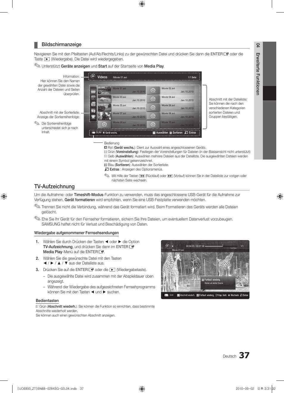 Tv-aufzeichnung, Bildschirmanzeige | Samsung UE46C6900VQ User Manual | Page 161 / 186