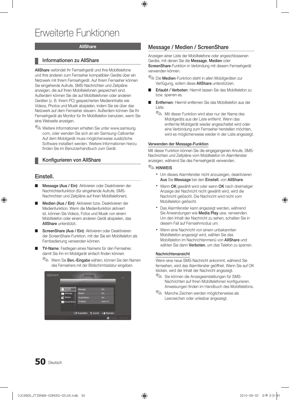 Erweiterte funktionen, Einstell, Message / medien / screenshare | Samsung UE46C6900VQ User Manual | Page 174 / 186
