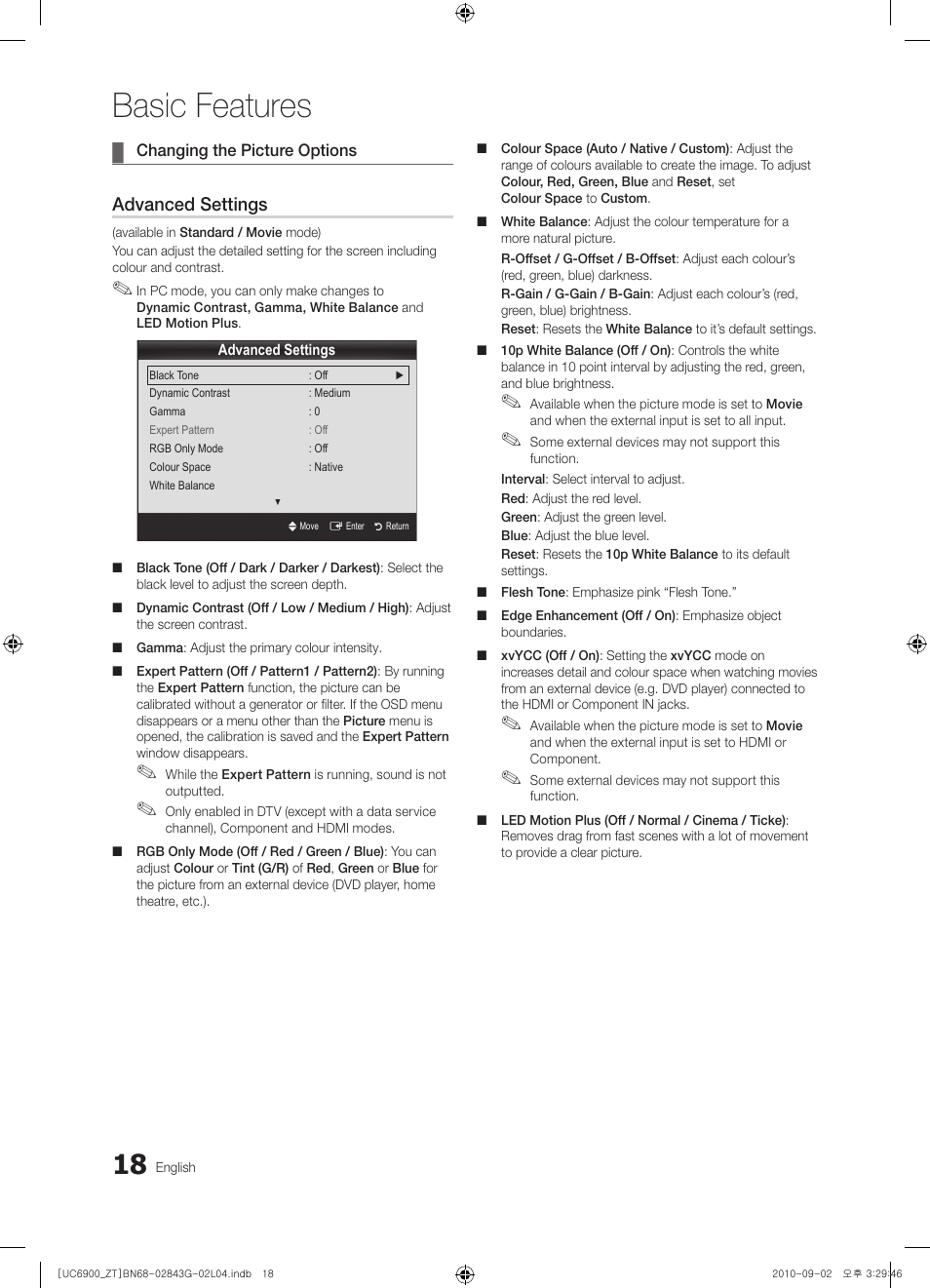 Basic features, Advanced settings | Samsung UE46C6900VQ User Manual | Page 18 / 186