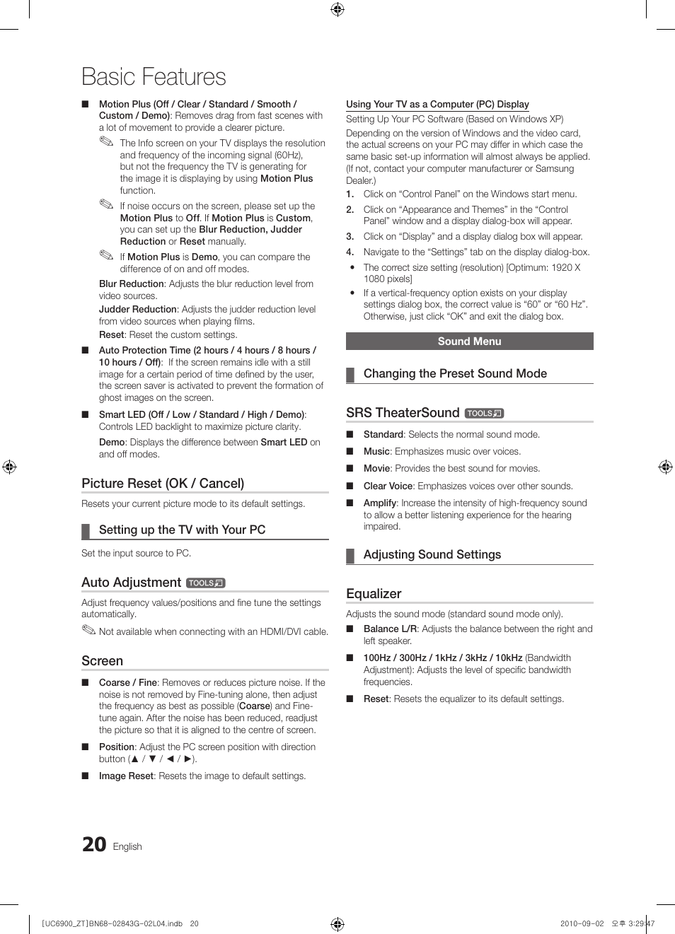 Basic features, Picture reset (ok / cancel), Auto adjustment | Screen, Srs theatersound, Equalizer | Samsung UE46C6900VQ User Manual | Page 20 / 186