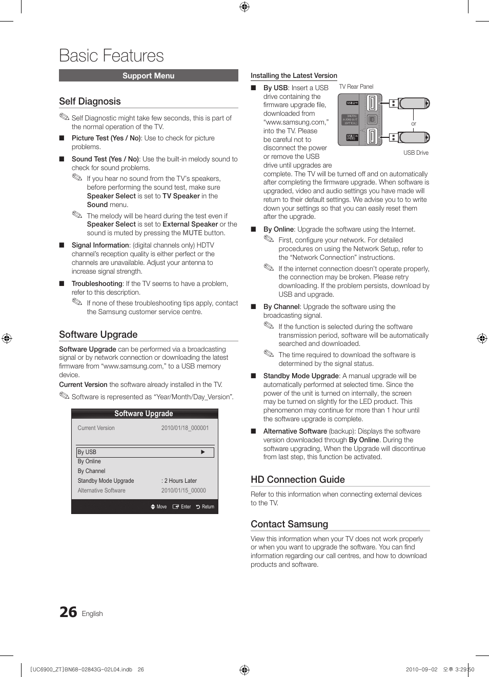 Basic features, Self diagnosis, Software upgrade | Hd connection guide, Contact samsung | Samsung UE46C6900VQ User Manual | Page 26 / 186