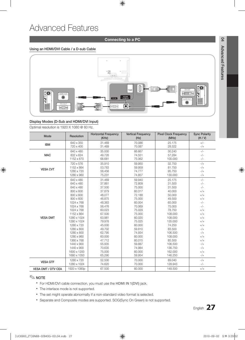 Advanced features | Samsung UE46C6900VQ User Manual | Page 27 / 186