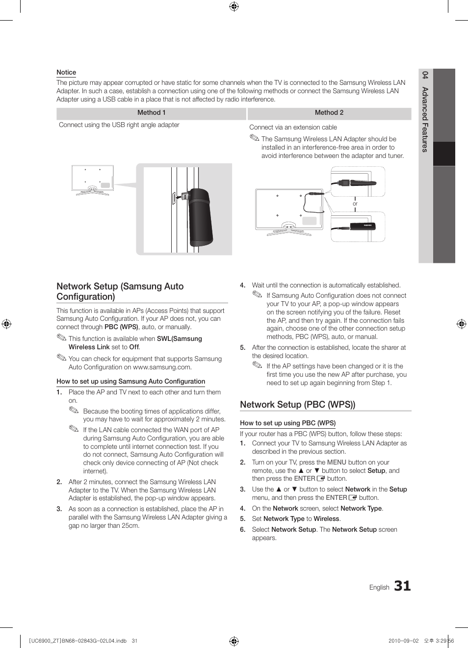 Network setup (samsung auto configuration), Network setup (pbc (wps)) | Samsung UE46C6900VQ User Manual | Page 31 / 186