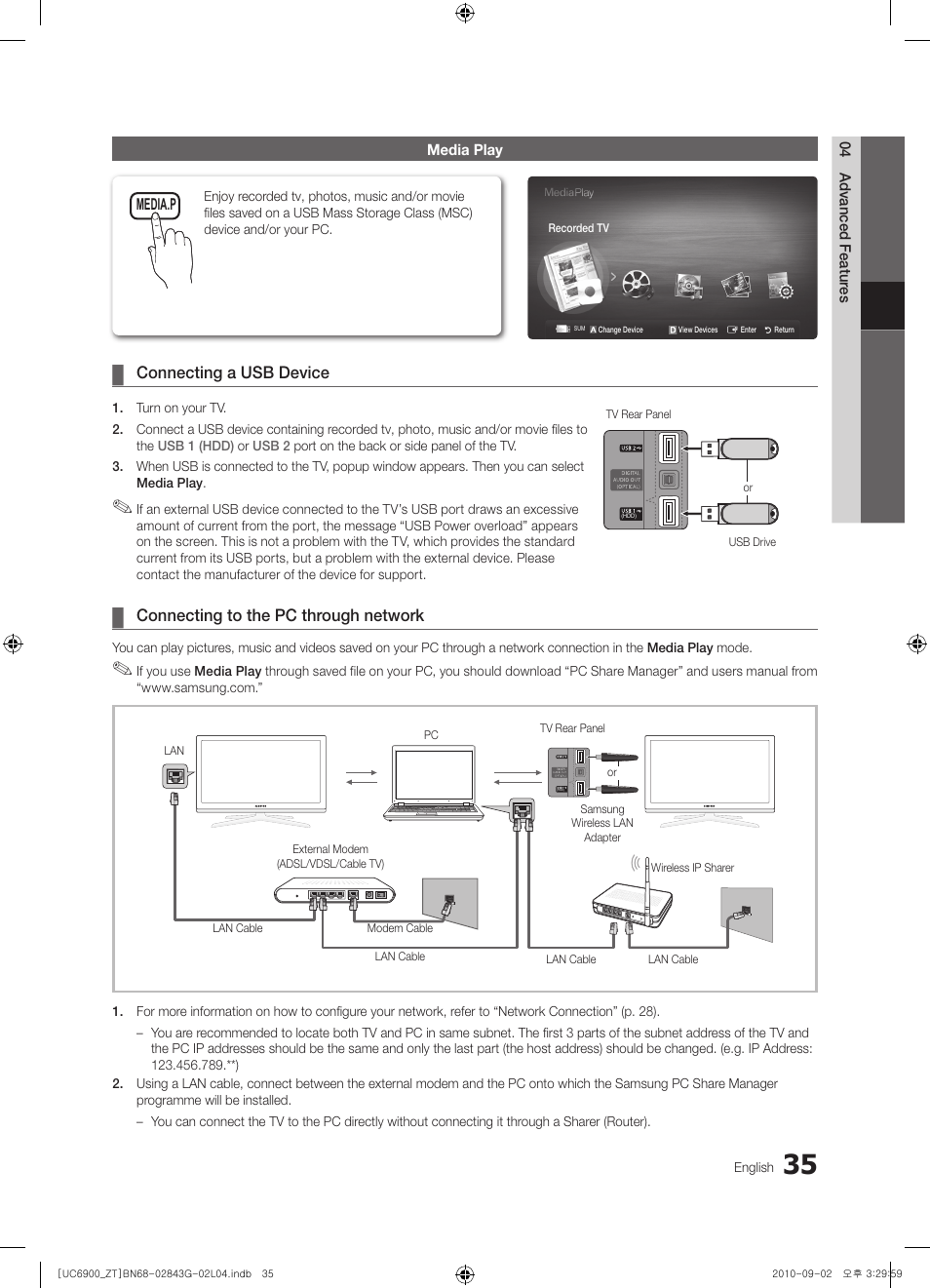 Connecting a usb device, Connecting to the pc through network | Samsung UE46C6900VQ User Manual | Page 35 / 186