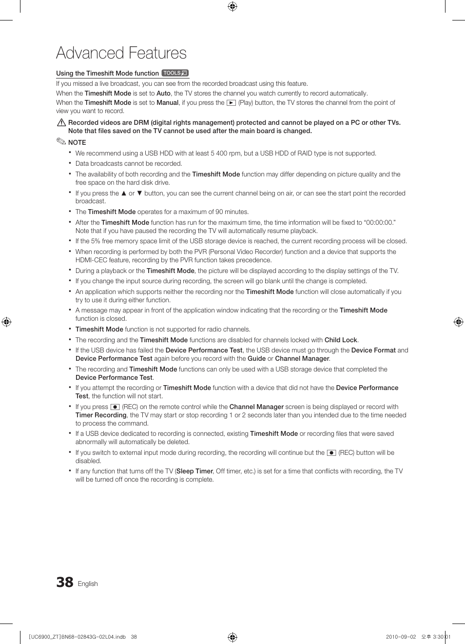 Advanced features | Samsung UE46C6900VQ User Manual | Page 38 / 186