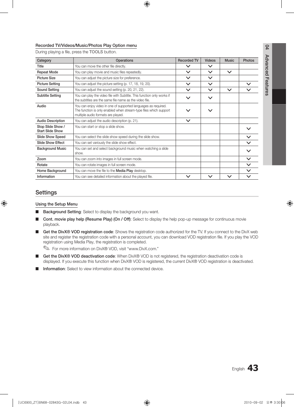 Settings | Samsung UE46C6900VQ User Manual | Page 43 / 186