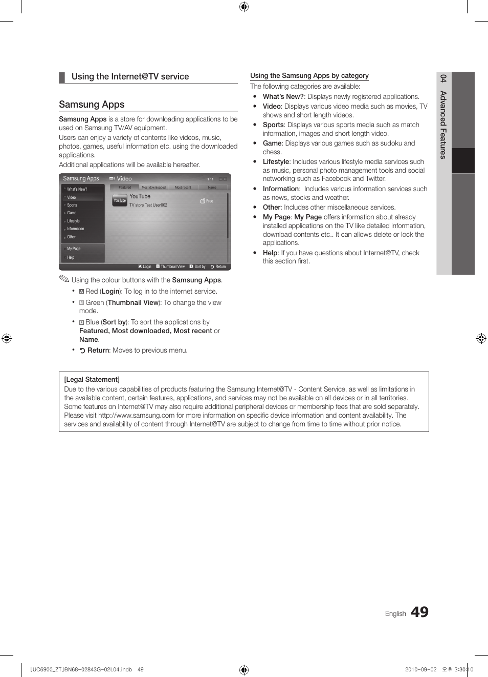 Samsung apps, Using the internet@tv service | Samsung UE46C6900VQ User Manual | Page 49 / 186