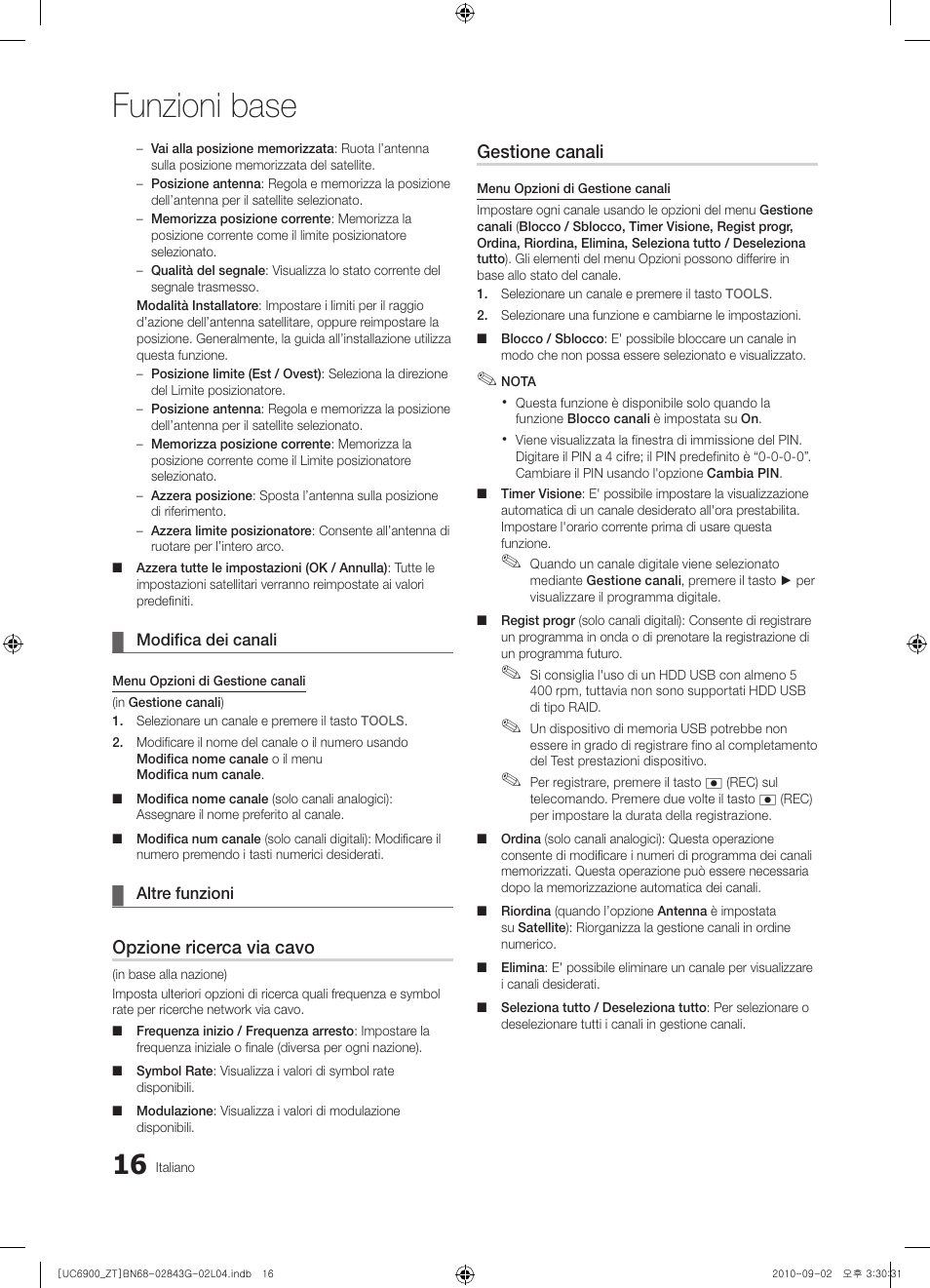 Funzioni base, Opzione ricerca via cavo, Gestione canali | Samsung UE46C6900VQ User Manual | Page 78 / 186