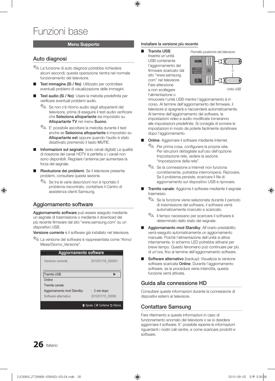 Funzioni base, Auto diagnosi, Aggiornamento software | Guida alla connessione hd, Contattare samsung | Samsung UE46C6900VQ User Manual | Page 88 / 186