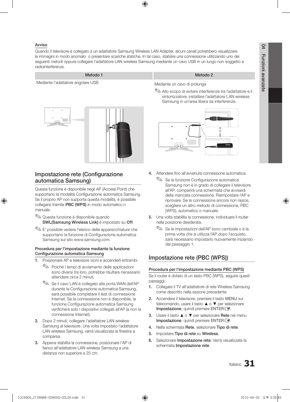 Impostazione rete (pbc (wps)) | Samsung UE46C6900VQ User Manual | Page 93 / 186
