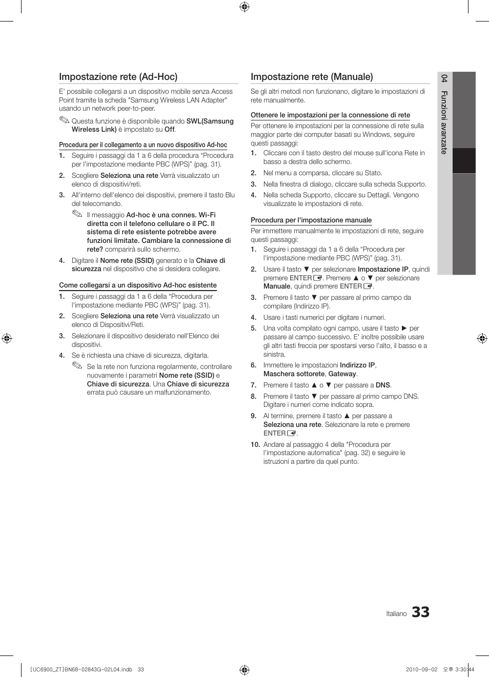 Impostazione rete (ad-hoc), Impostazione rete (manuale) | Samsung UE46C6900VQ User Manual | Page 95 / 186