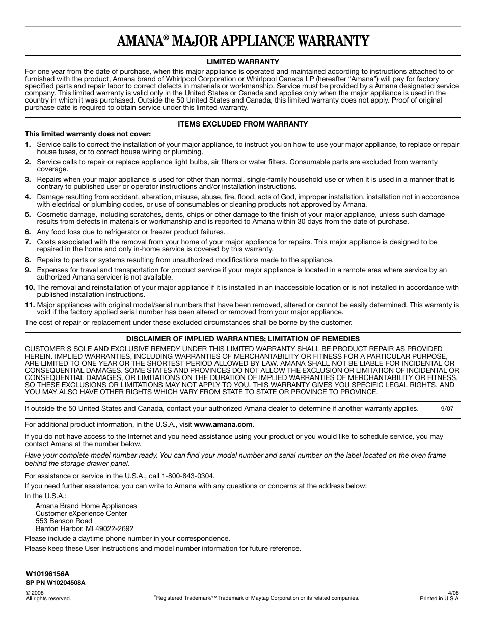 Amana, Major appliance warranty | Amana W10196156A User Manual | Page 12 / 12