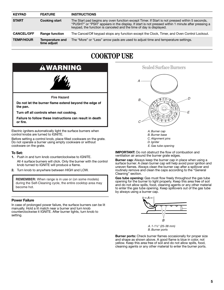 Cooktop use, Warning, Sealed surface burners | Amana W10196156A User Manual | Page 5 / 12