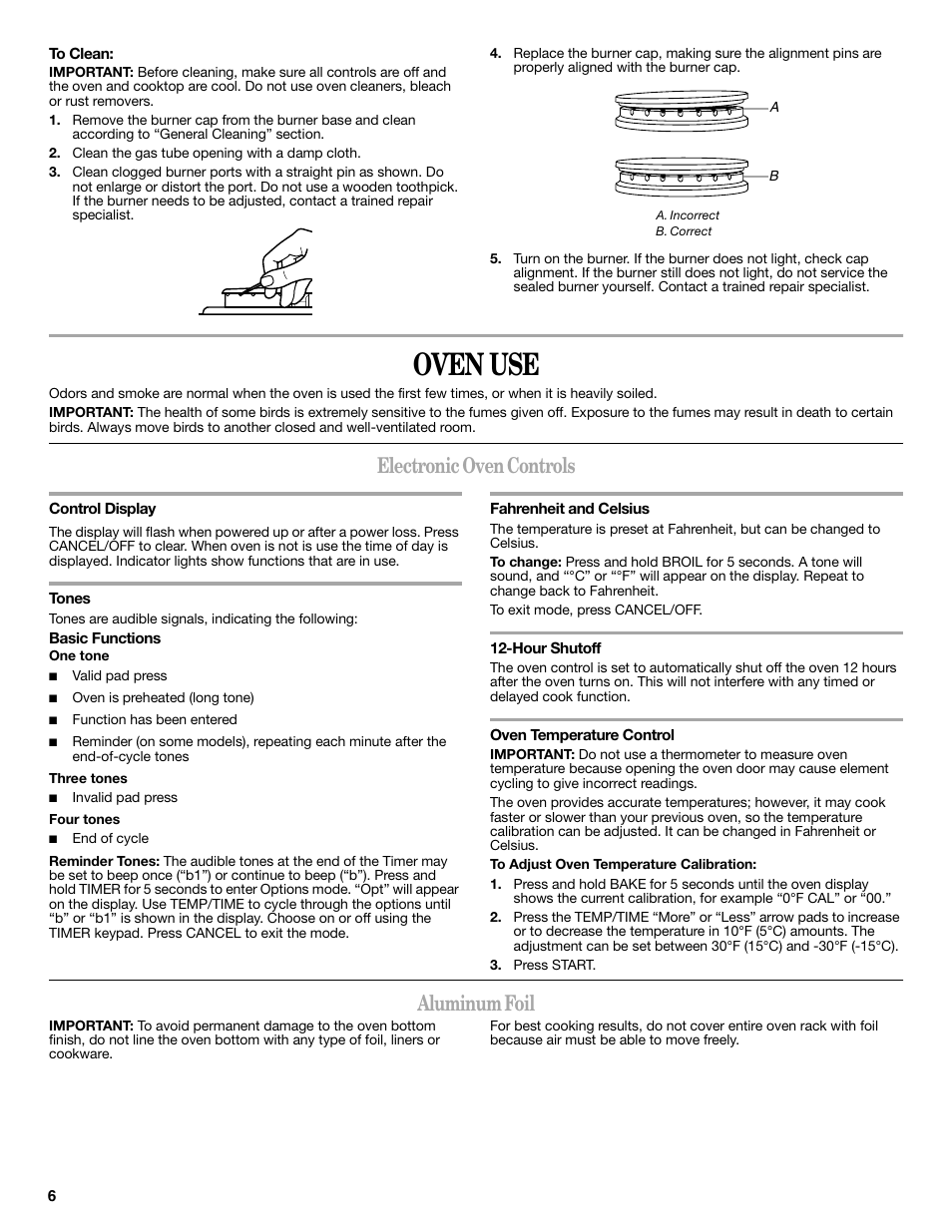 Oven use, Electronic oven controls, Aluminum foil | Amana W10196156A User Manual | Page 6 / 12