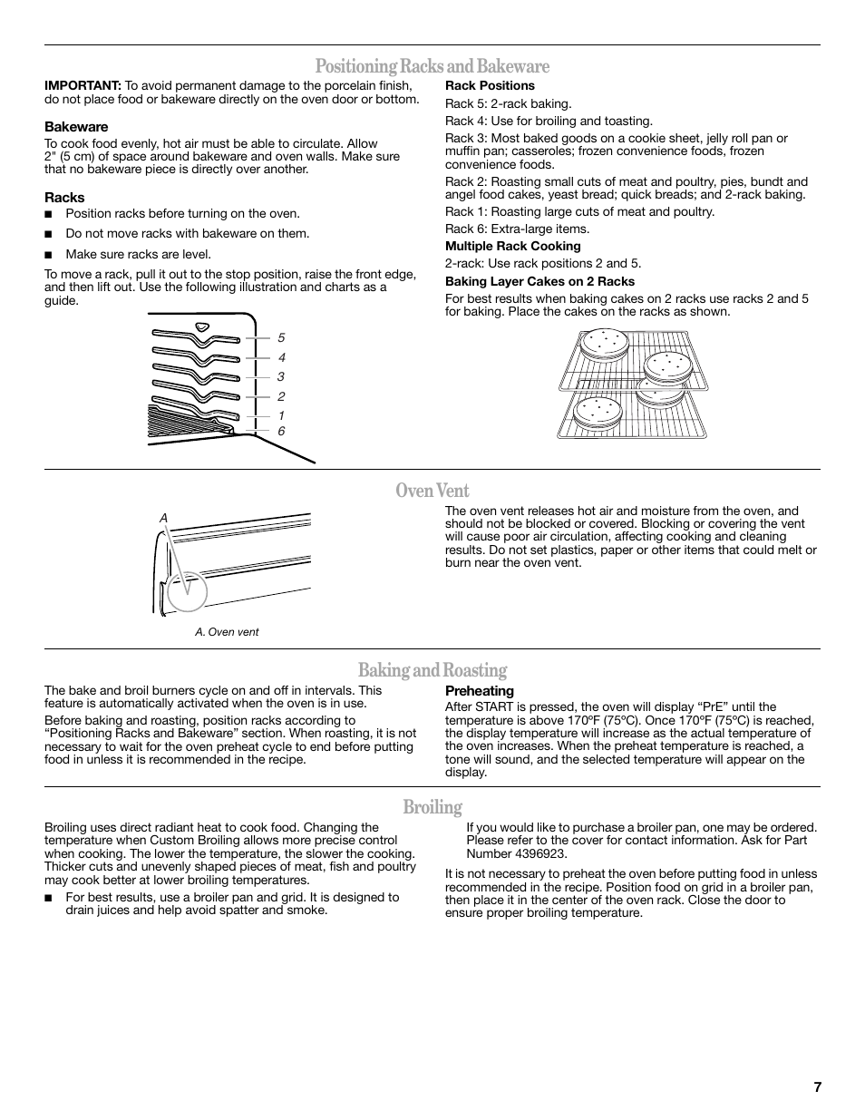Positioning racks and bakeware, Oven vent, Baking and roasting | Broiling | Amana W10196156A User Manual | Page 7 / 12
