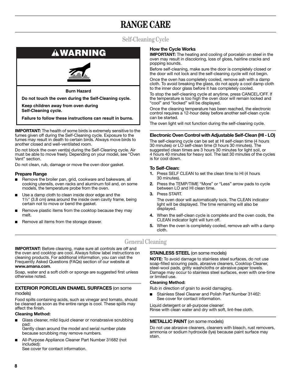 Range care, Warning, Self-cleaning cycle | General cleaning | Amana W10196156A User Manual | Page 8 / 12