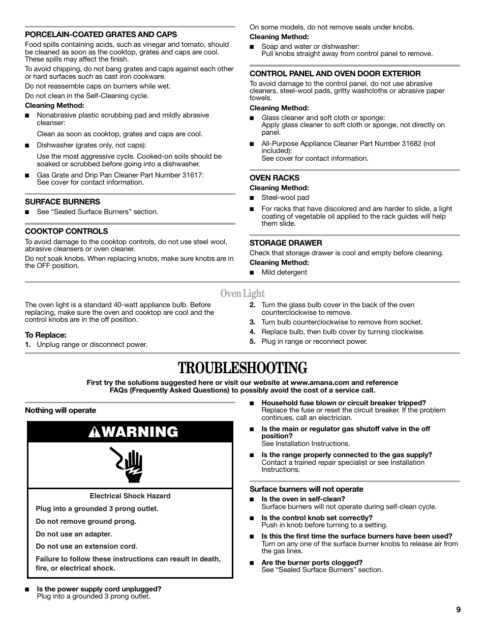 Troubleshooting, Warning, Oven light | Amana W10196156A User Manual | Page 9 / 12