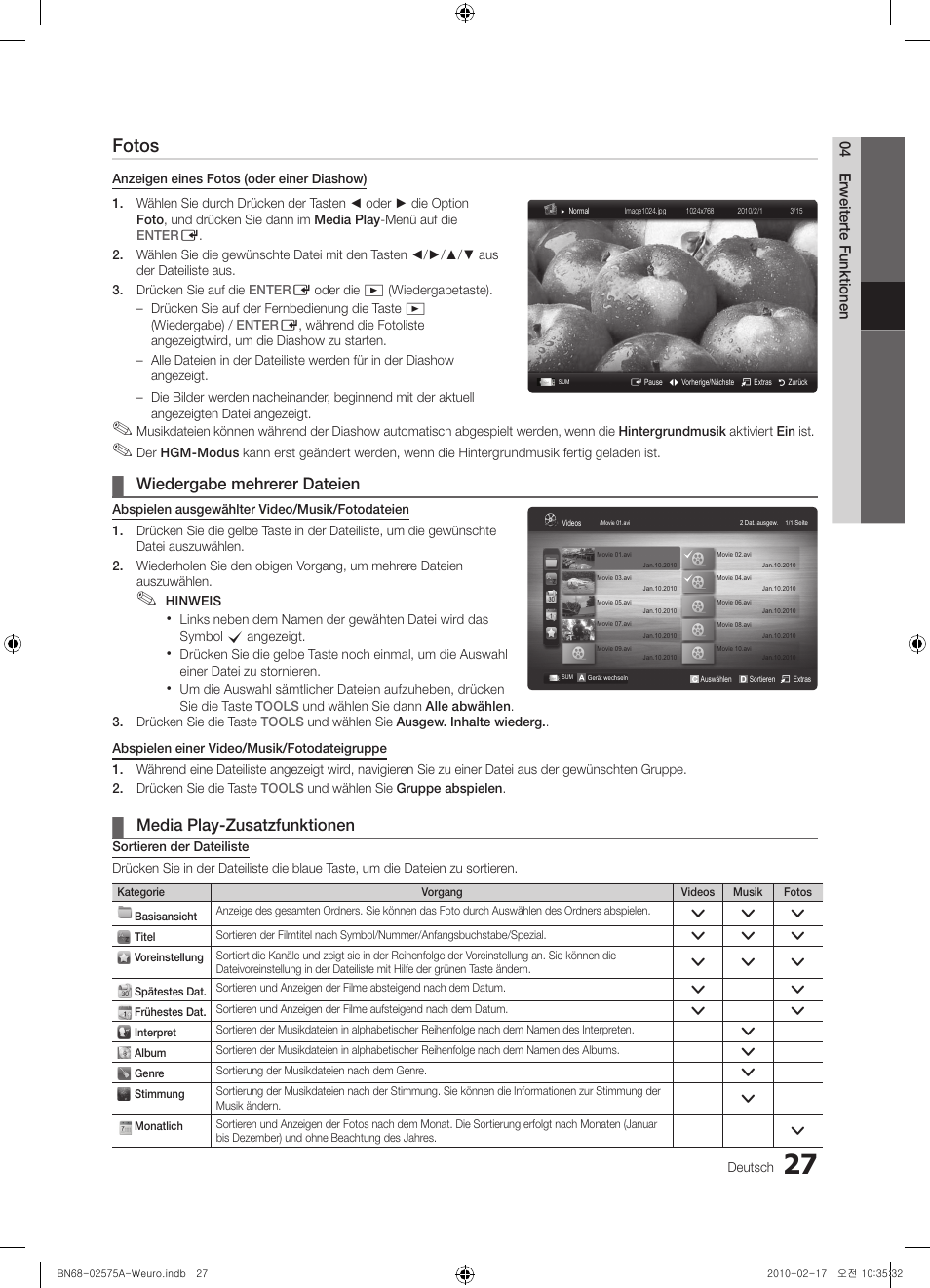 Fotos, Wiedergabe mehrerer dateien, Media play-zusatzfunktionen | Samsung PS50C450B1W User Manual | Page 107 / 361