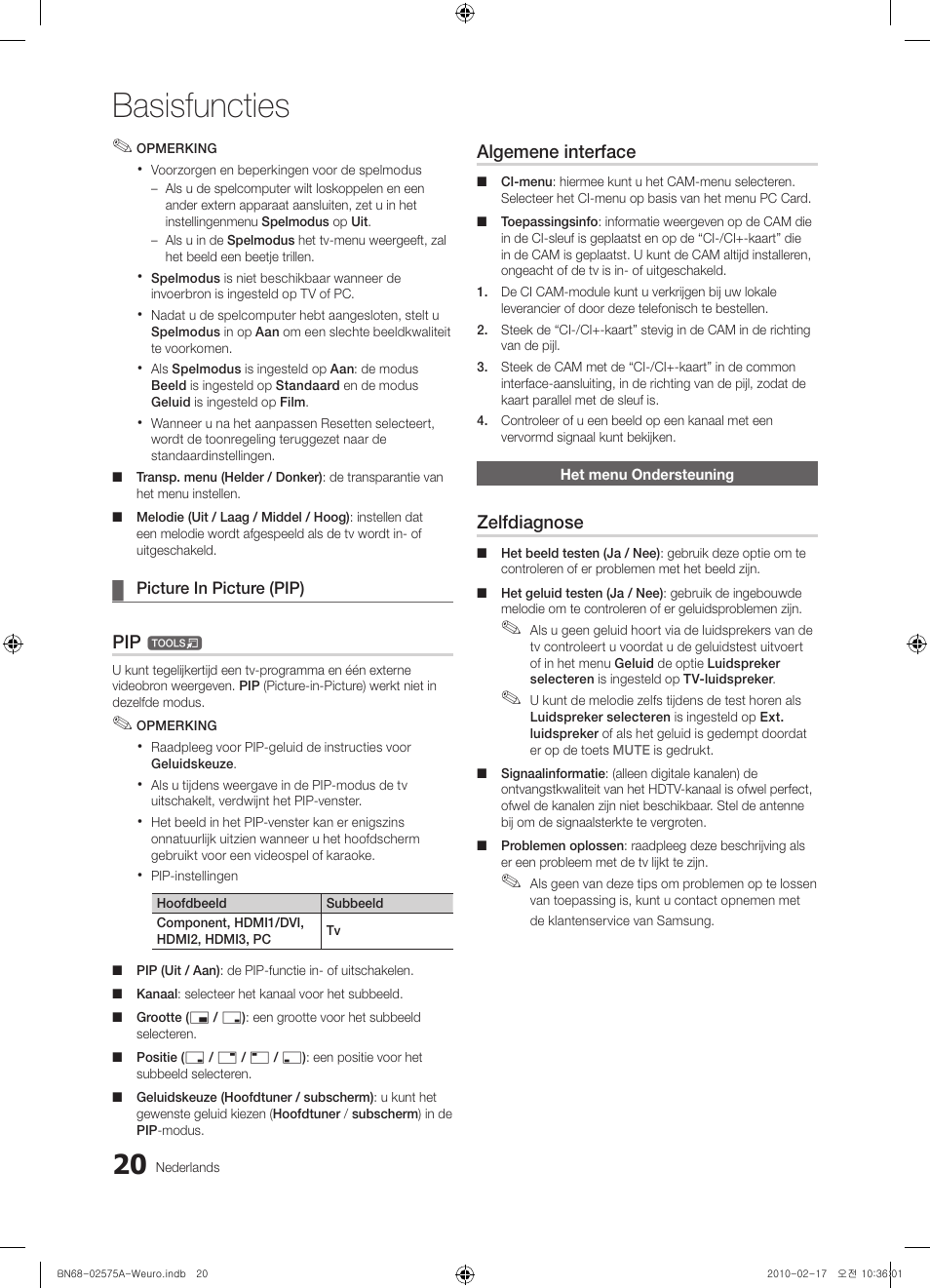 Basisfuncties, Algemene interface, Zelfdiagnose | Samsung PS50C450B1W User Manual | Page 140 / 361