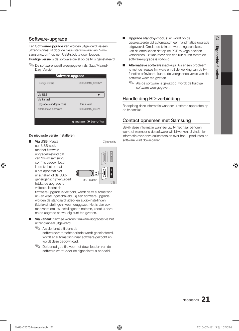 Software-upgrade, Handleiding hd-verbinding, Contact opnemen met samsung | Samsung PS50C450B1W User Manual | Page 141 / 361