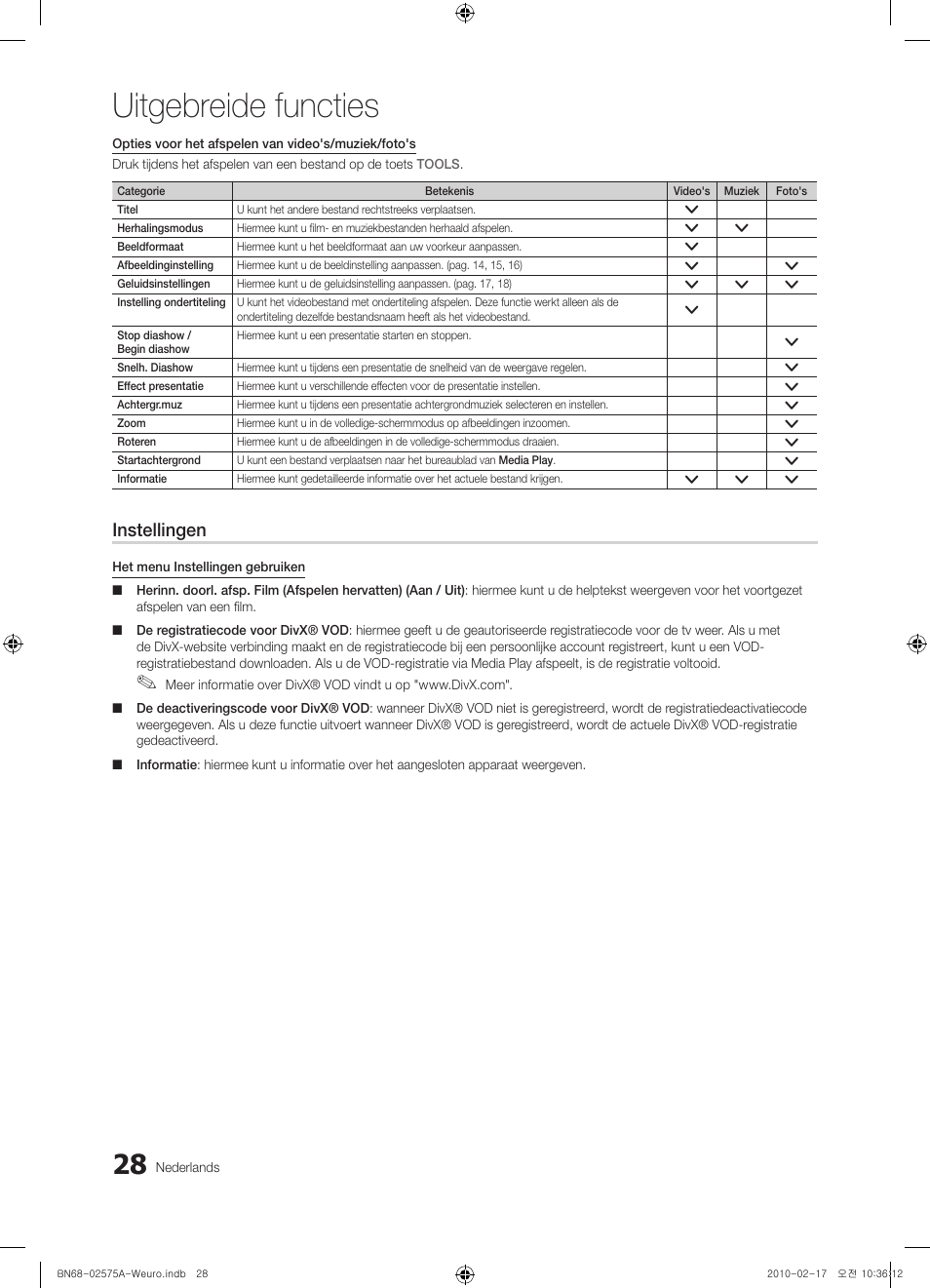 Uitgebreide functies, Instellingen | Samsung PS50C450B1W User Manual | Page 148 / 361