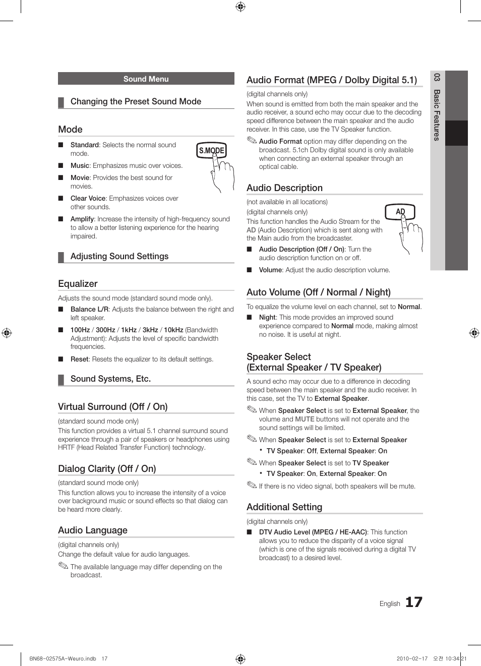 Mode, Equalizer, Virtual surround (off / on) | Dialog clarity (off / on), Audio language, Audio format (mpeg / dolby digital 5.1), Audio description, Auto volume (off / normal / night), Speaker select (external speaker / tv speaker), Additional setting | Samsung PS50C450B1W User Manual | Page 17 / 361